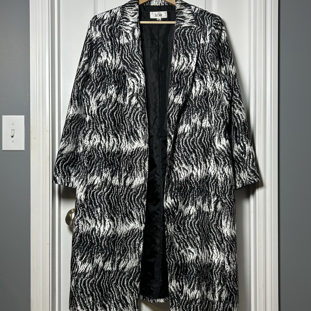 Le Suit Black White Zebra Jacquard Longline Open Duster‎ Coat Mob Wife Style